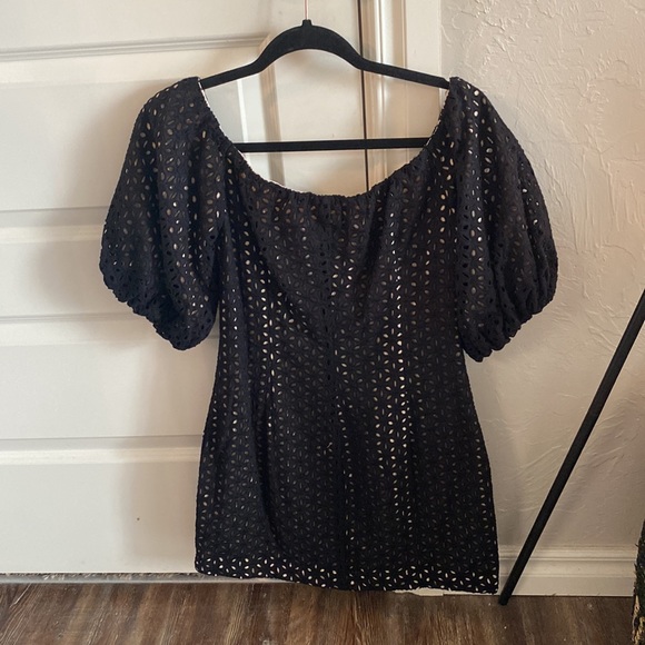 HELLO MOLLY Black/Nude Pattern Mini Dress, Puff Sleeve, Size Medium, US 6, AU 10 - Picture 2 of 3